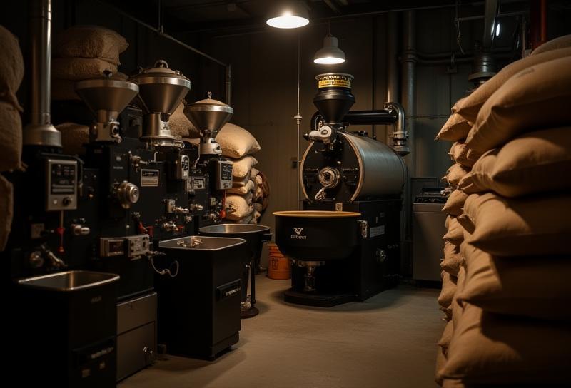 Interior photo of Southern Cross Coffee Co. roastery with roasting equipment and coffee bags