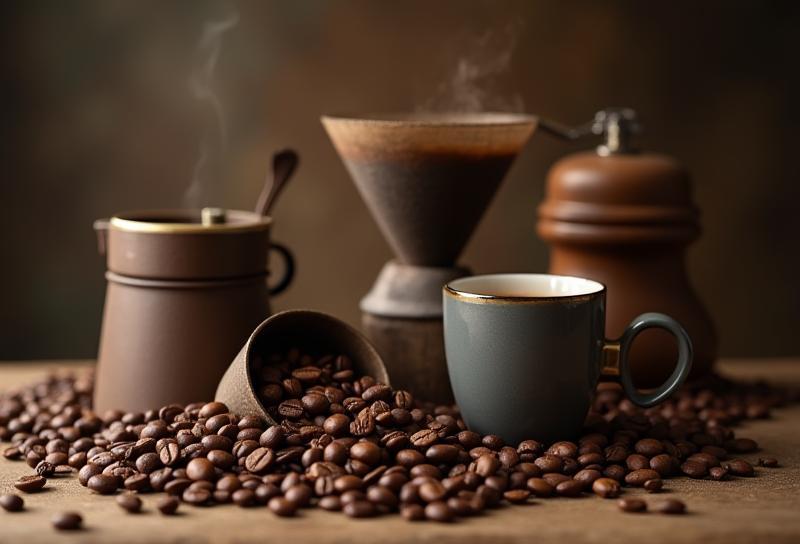 Image of coffee beans, premium brewing equipment like a pour-over cone and grinder, and a coffee cup